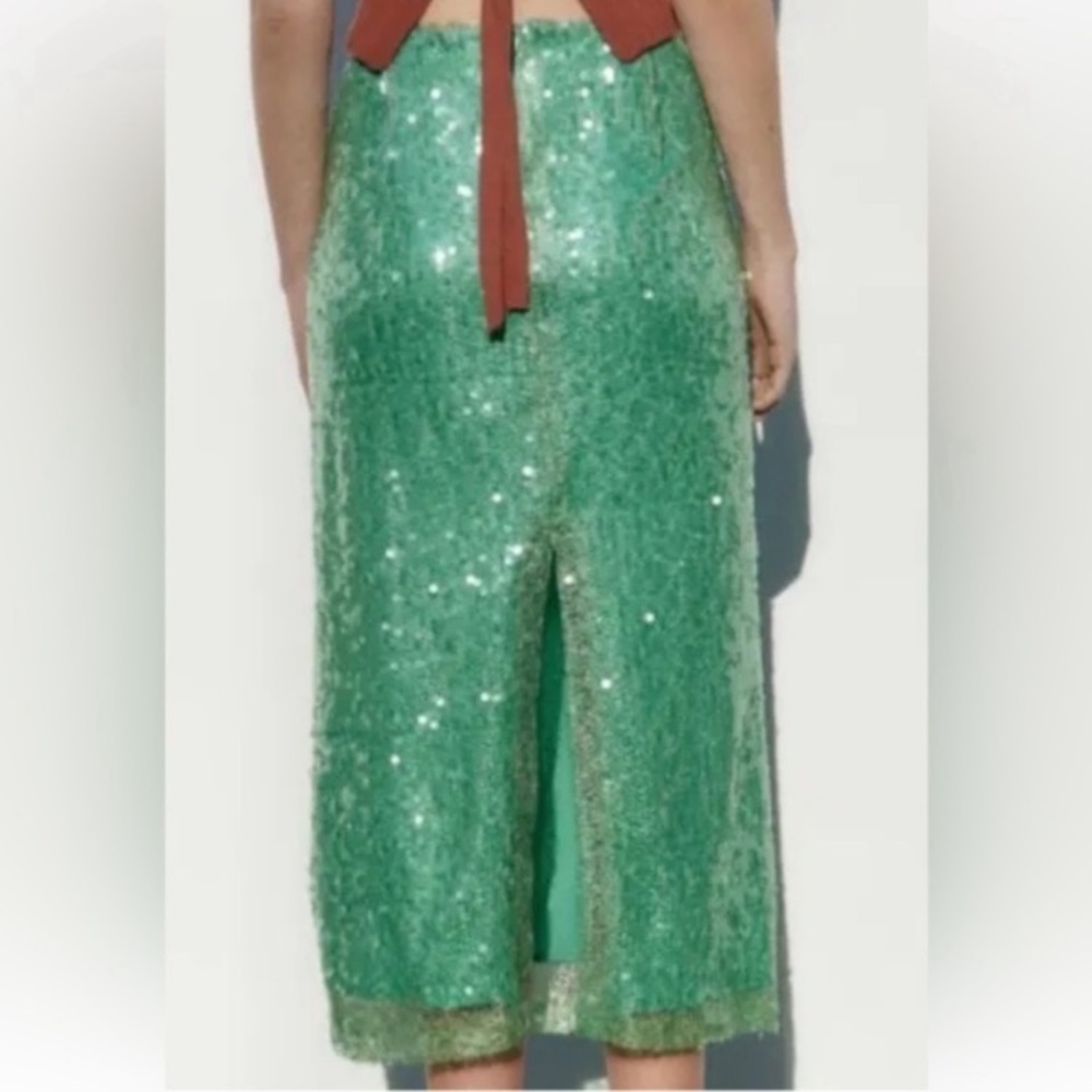 ZARA Sea Green Sequin Lace Pencil Skirt - Picture 10 of 16
